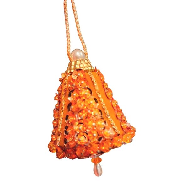 Orange Beaded Bell Ornament With Gold Accents Push Pin Pearl Details Holiday Dec - Picture 8 of 10